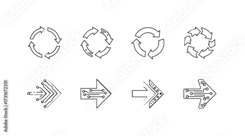 Collection of abstract circular and directional arrow graphic elements silhouette