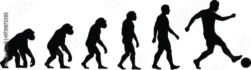 PrintHuman evolution silhouette, primate to modern man, progression stages, anthropology concept, soccer ball kick, sports evolution, science illustration, history timeline
