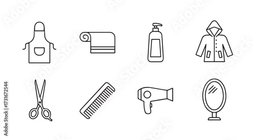 Collection of simple line art icons representing hair salon and barber shop tools silhouette