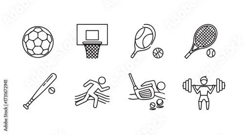Collection of eight sport icons in a simple black and white silhouette style
