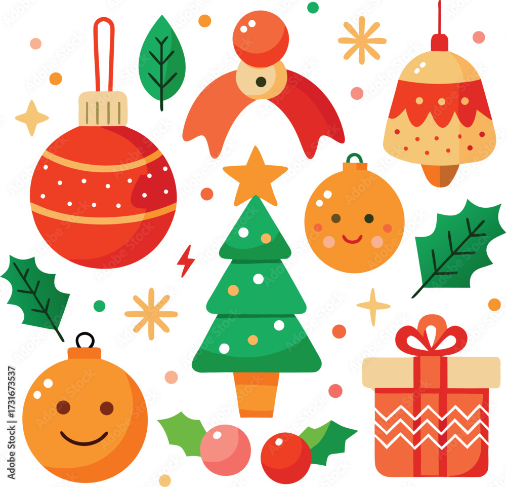 Fototapeta premium Vector art of an arrangement of cheerful christmas motifs including a fir tree, round ornaments, a gift box, and holly leaves, all isolated on a clean