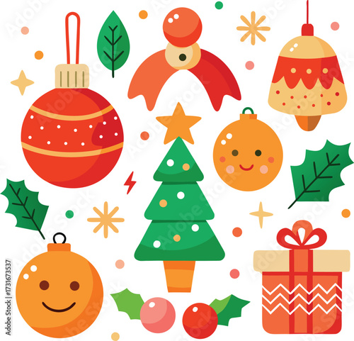 Vector art of an arrangement of cheerful christmas motifs including a fir tree, round ornaments, a gift box, and holly leaves, all isolated on a clean
