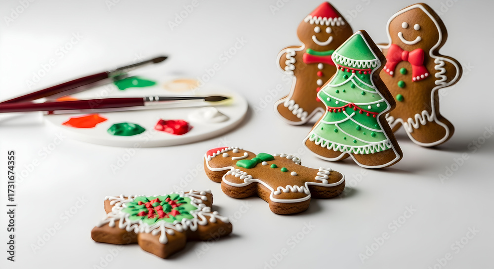 Fototapeta premium Joyful Homemade Cookies for the Holidays: Beautifully Iced Gingerbread Men, Christmas Tree, and Snowflake with Creative Decorating Supplies