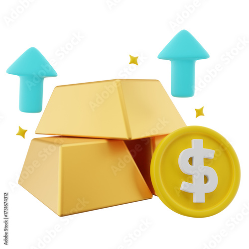 Gold Bars Stacked Beside Coin and Arrows Pointing Upward Investment Concept Isolated on Transparent Background Representing Growth