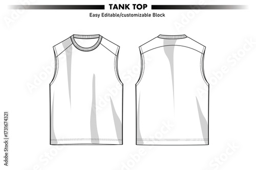 Front and back flat sketch of a sleeveless tank top with raglan sleeves and crew neck for fashion design