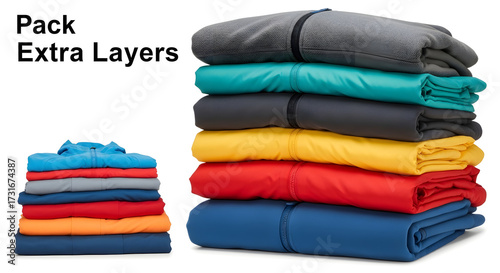 A vibrant collection of neatly folded layered clothing, showcasing a variety of colorful shirts and insulated jackets, perfectly arranged for efficient packing, travel, and versatile everyday wear