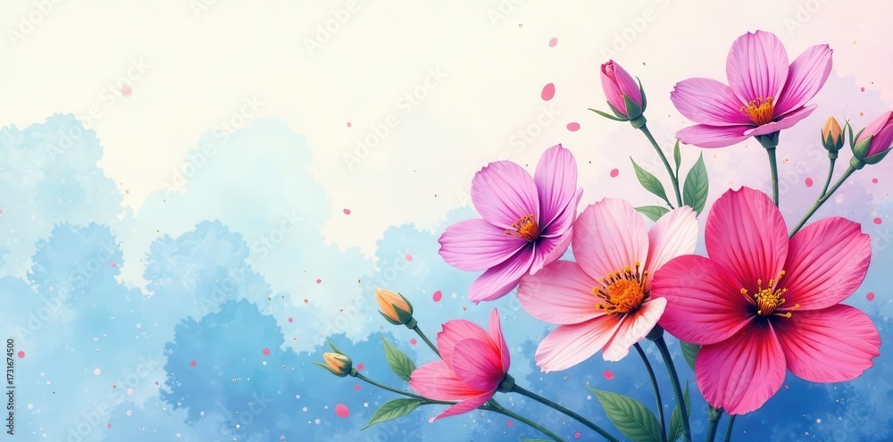 Obraz premium Serene Floral Arrangement Against a Soft Blue Sky Backdrop with Delicate Pink and Rose-Colored Blossoms