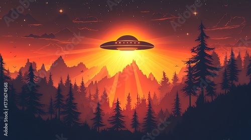 Ufo hovering over a mountainous landscape with a forest at sunset in a stylized digital painting