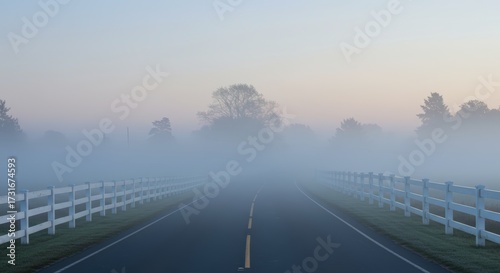 Road perspective through mist with a white fence in a rural scene during atmospheric conditions suitable for various visual projects