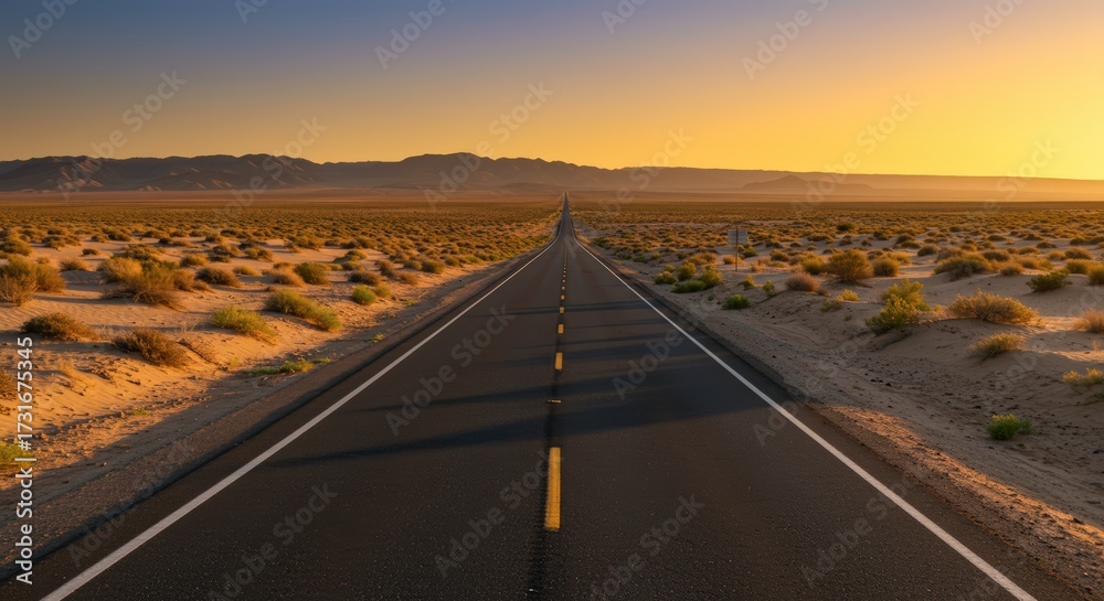Fototapeta premium Road stretching into the distance under a sunset sky landscape desert environment journey concept