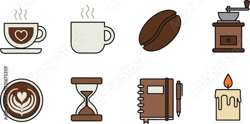 Vector art of coffee time vector set collection of coffee bean, cup, grinder, notebook, candle, hourglass, and latte art