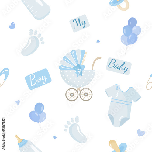 Seamless vector pattern with baby boy elements in blue tones: stroller, balloons, pacifier, bottle, footprints and bodysuit. Perfect for boy newborn design, baby shower, wrapping or textile print.