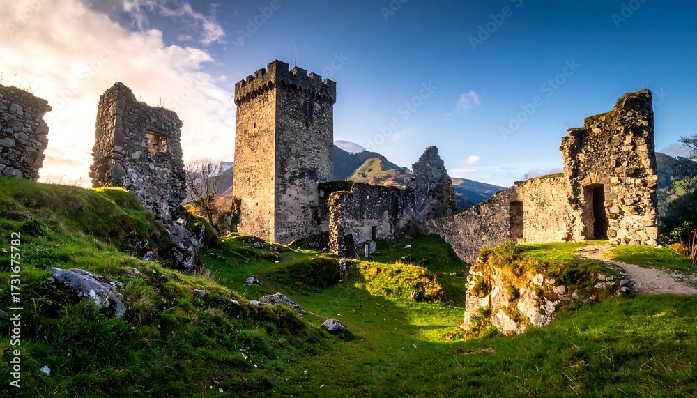 Fototapeta premium Ruined castle on a hillside at sunrise