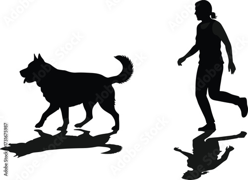 PrintSilhouette of woman walking with dog, reflection on wet pavement, companionship, pet owner lifestyle, outdoor activity, minimalistic design, serene