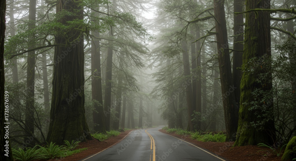 Obraz premium Road through a misty forest with tall trees and a lane vanishing into the distance natural setting