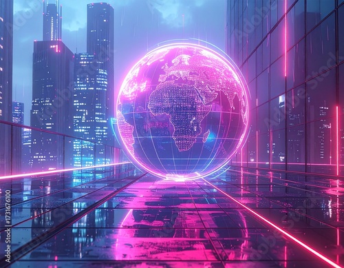 Pink and blue digital globe with a backdrop of tall buildings and red graphs, representing global technology, business growth, and urban innovation in a modern digital style