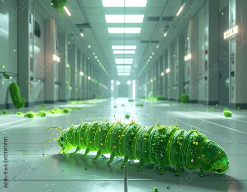 Green digital caterpillar illustration on a clean floor, blending technology with nature in a sleek and modern design, perfect for tech or eco-themed projects