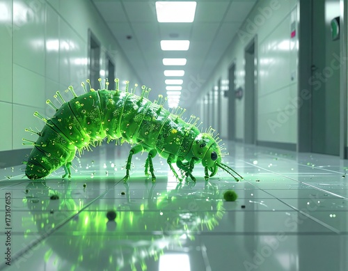 Green digital caterpillar illustration on a clean floor, blending technology with nature in a sleek and modern design, perfect for tech or eco-themed projects