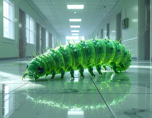 Green digital caterpillar illustration on a clean floor, blending technology with nature in a sleek and modern design, perfect for tech or eco-themed projects