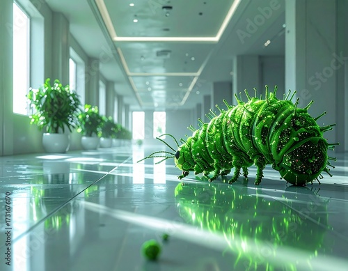 Green digital caterpillar illustration on a clean floor, blending technology with nature in a sleek and modern design, perfect for tech or eco-themed projects