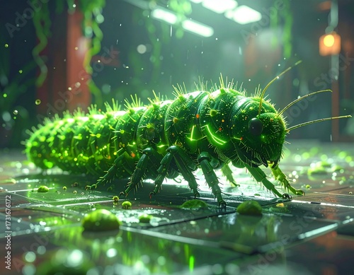 Green digital caterpillar illustration on a clean floor, blending technology with nature in a sleek and modern design, perfect for tech or eco-themed projects
