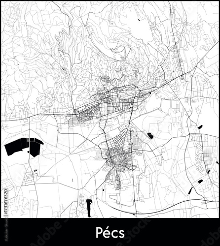 Pecs city map, Hungary - Topographic vector map poster