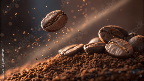 Generated Image: Hyper-detailed macro shot of the inside of a coffee bean grinding, showing textured surfaces and tiny particles mid-air.
