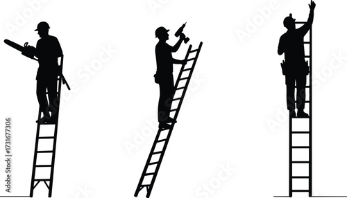 Silhouette workers on ladders, construction teamwork, maintenance safety, industrial labor, power drill, pipe installation, inspection, coordination, black white illustration, occupational scene