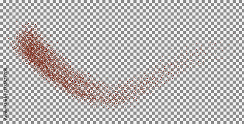 Coffee powder squiggle line. Grainy texture cocoa dust splash curvy element. Spray dotwork wavy form. Vector gritty wave splash. Grunge food figure.