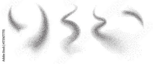 Noise gradient fly curved shapes set. Grainy texture splash wavy long textured elements. Black dotwork seed forms. Vector gritty wavy lines. Grunge cooking figures.