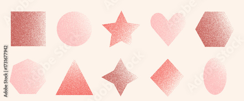 Girly noise gradation geometric figures set. Coquette grainy textured pink y2k elements. Oval, rectangle, star and circle rough text boxes. Vector gritty stickers forms. Grunge geometry callouts.