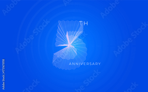 Anniversary Celebration Date Emblem Badge, Abstract 5 Logo Blue Background for Invitation Greeting Card, Corporate Jubilee Sign, Commemorate Occasion Symbol. Wavy Guilloche. Vector Illustration
