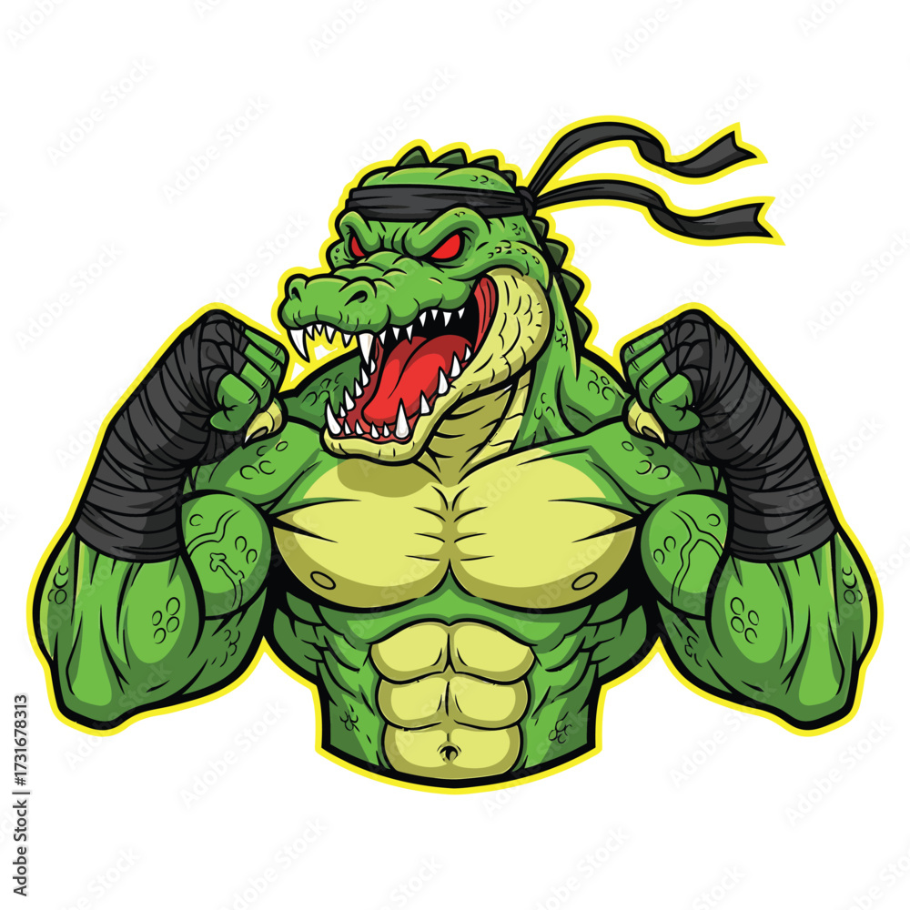 Obraz premium Muscular green alligator warrior flexing biceps with bandana