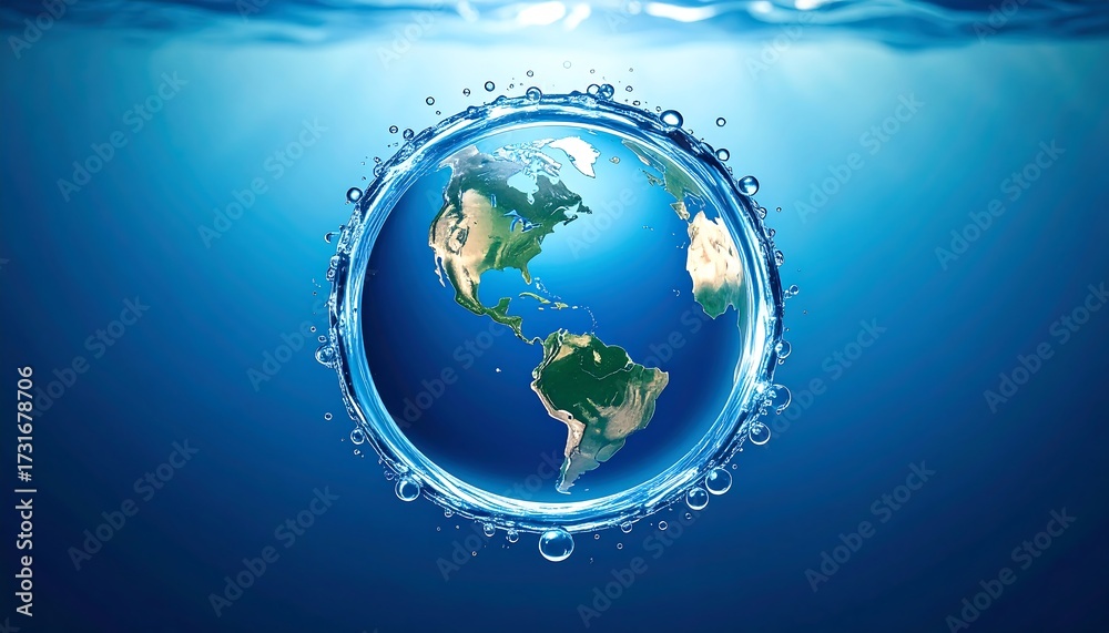 Fototapeta premium Earth globe in water, circular ripples