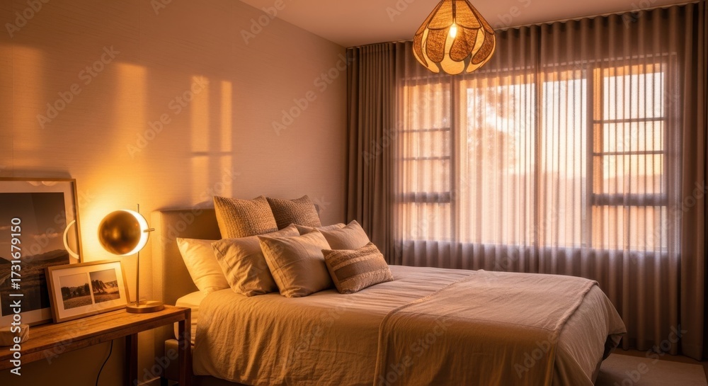 Obraz premium Cozy hotel bedroom illuminated by warm light with soft furnishings and window view