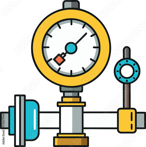 Vector line drawing of a pressure gauge mounted on pipeline.