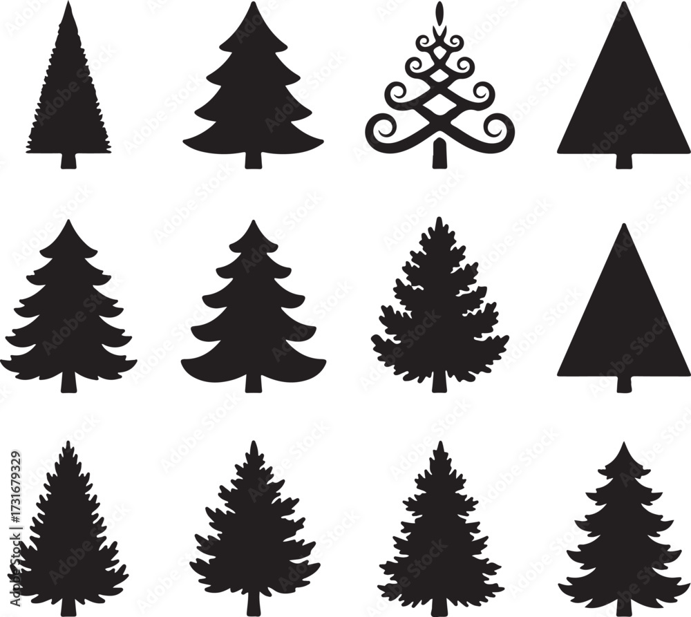 Obraz premium Evergreen Christmas Trees Silhouette: A diverse arrangement of stylized Christmas tree silhouettes in various shapes, suitable for seasonal design.