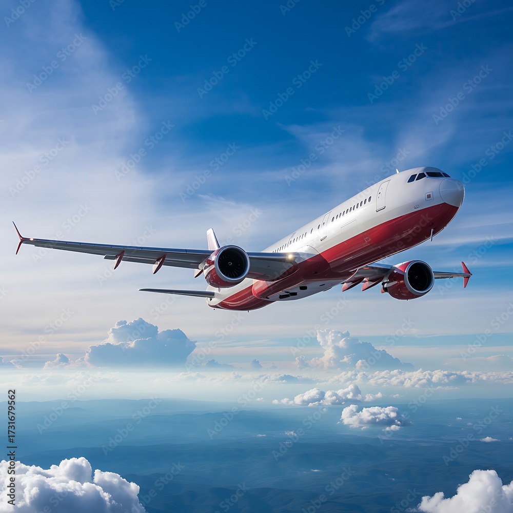 Fototapeta premium Commercial airplane soaring through clouds under bright blue sky