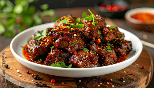 A white plate filled with dark, glazed beef cubes or steak tips, generously covered in a spicy red sauce and chili flakes, garnished with herbs, and served on a wooden board for a savory dish.