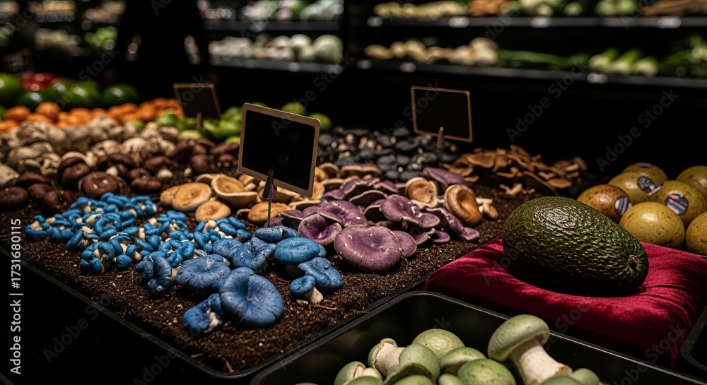 Fototapeta premium Assorted Colorful Mushrooms and Avocado Displayed on Red Pillow
