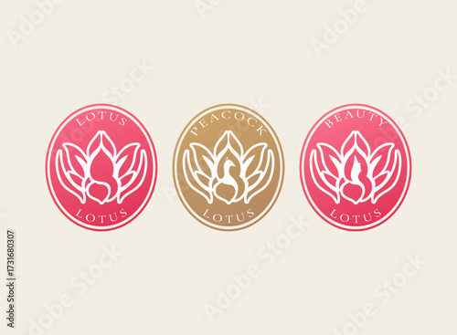 Elegant lotus emblem logo set with peacock and beauty variations. Round floral luxury symbol for spa, cosmetic, skincare, boutique, jewelry, wellness, yoga, and premium branding identity.