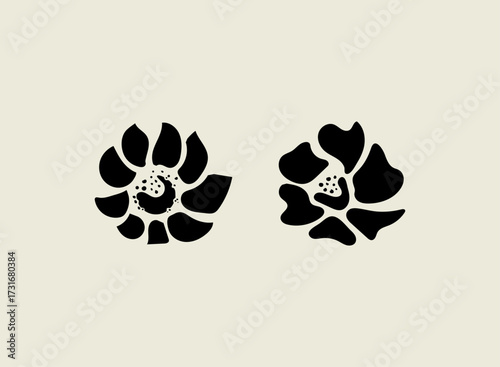 Minimalist floral logo symbol. Abstract flower silhouette with bold petals and center dot details, simple vector emblem for cosmetic skincare spa wellness organic botanical brand design template.