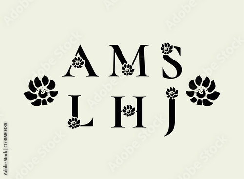 Floral monogram letter set. Elegant serif alphabet with minimalist flower ornament decoration, luxury vector initial typography for fashion boutique wedding cosmetic logo branding design.