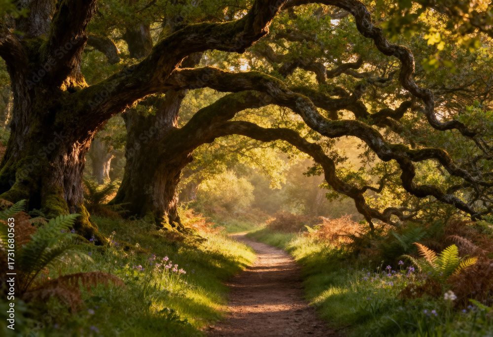 Naklejka premium Lush forest path, golden sunlight, serene atmosphere.