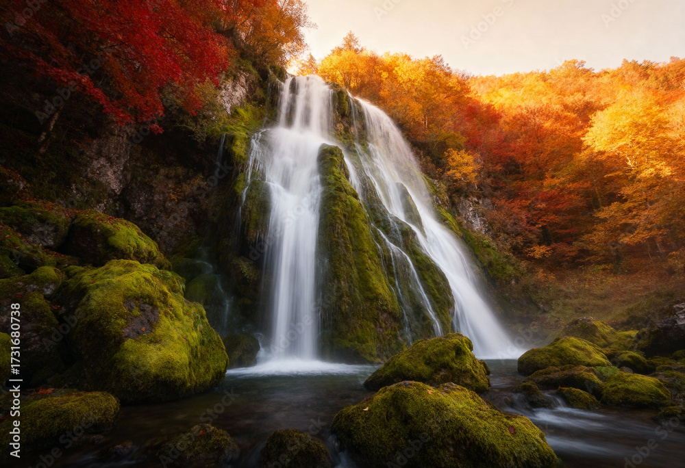 Fototapeta premium Waterfall cascading in autumnal forest.