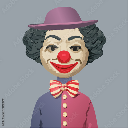 Vivid Illustration of a Quirky Clown Character with an Enigmatic Expression, Sporting a Textured Hat and Bow Tie, Evoking a Playful Yet Slightly Unsettling Atmosphere