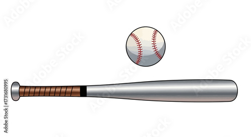 Baseball equipment illustration featuring bat and ball against white backdrop