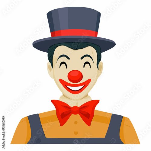 Illustration of a happy clown with a red nose and a red bowtie, wearing a hat and overalls