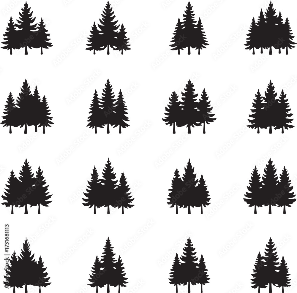 Obraz premium Evergreen Silhouette Array: A collection of stylized, graphic evergreen silhouettes in a repeating pattern, perfect for evoking a sense of nature's simplicity. 