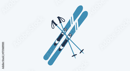 Blue skis with ski poles isolated, winter sport gear illustration